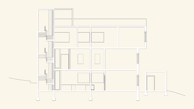 2D building section B-B of a house showing stairwell, habitable rooms, roof levels, and foundation footing details.