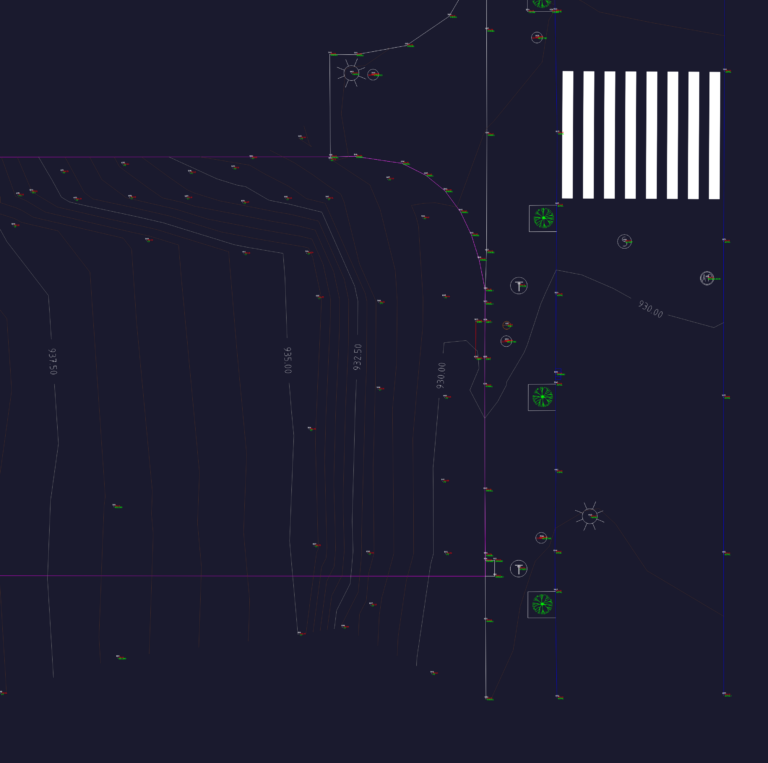 CAD site plan showing 0.5m topographic contours, utility registers, road markings, and trees.