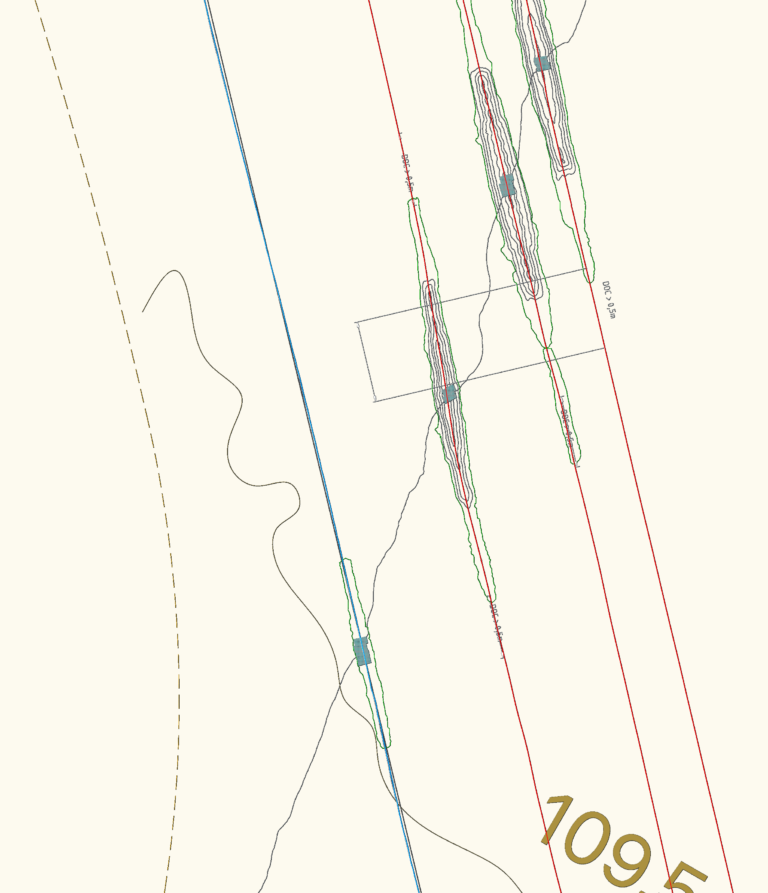 Subsea pipeline and power cable crossing layout with rock berm contours and as-trenched indicators.