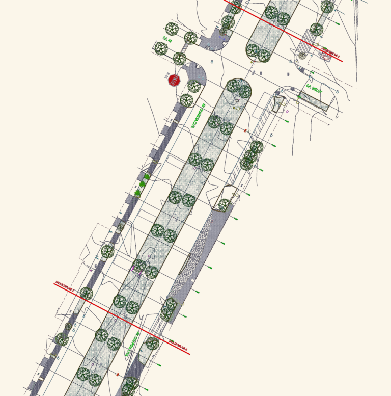 CAD planimetry of Av. Guardia Civil road design showing street intersections, trees, signage, and stationing lines.