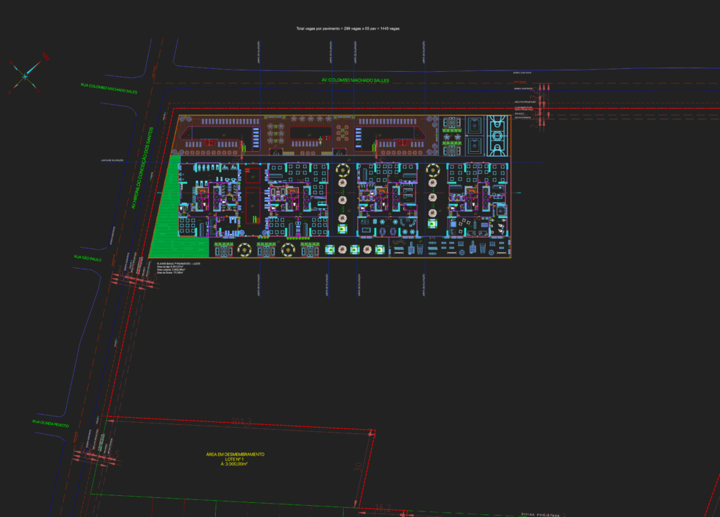 Architectural CAD site plan for a 37-story residential project showing four towers, leisure area, and parking layout.