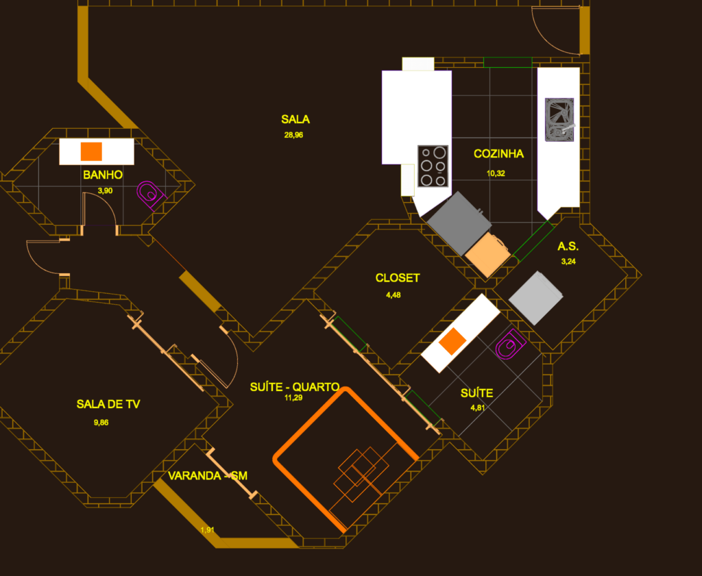 2D CAD floor plan of a single-suite apartment showing kitchen, laundry, living area, and bedroom with closet and balcony.