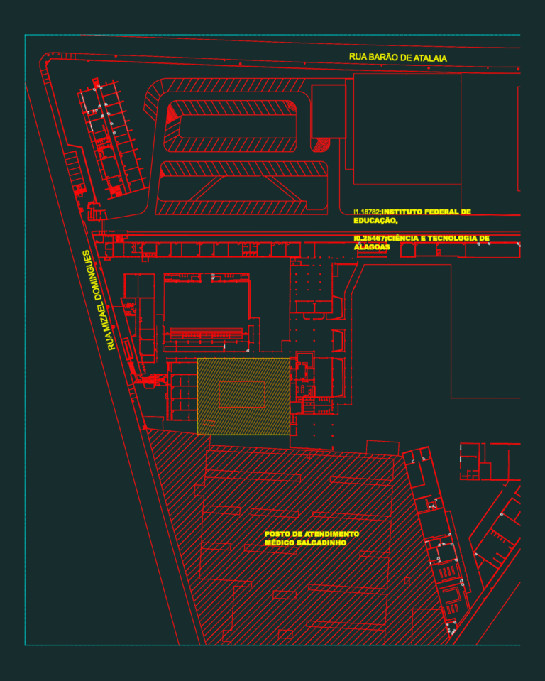 CAD site plan of a campus swimming pool renovation project highlighting the pool area and surrounding school buildings.