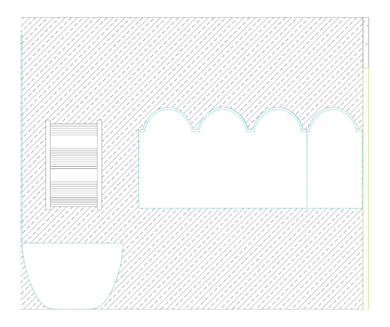 CAD elevation of a bathroom wall featuring four arched niches and a wall-mounted towel radiator.