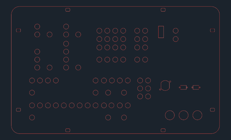 2D CAD laser engraving layout for a Siemens 308 502 process-bus module backplate showing cutout patterns.