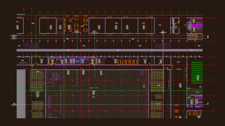 Architectural floor plan of an Olympic swimming pool complex showing dressing rooms, café, and technical areas.