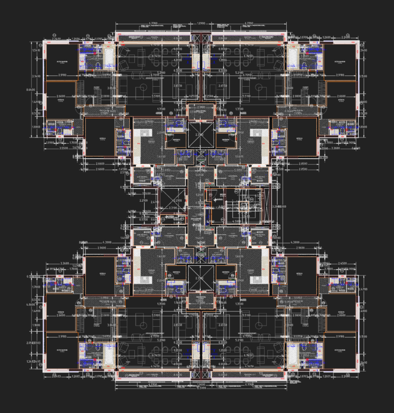 Detailed architectural floor plan layout for a multi-unit residential apartment building with balconies and dimensions.