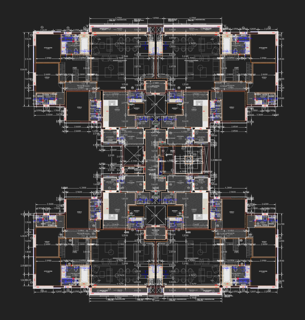 Detailed architectural floor plan layout for a multi-unit residential apartment building with balconies and dimensions.
