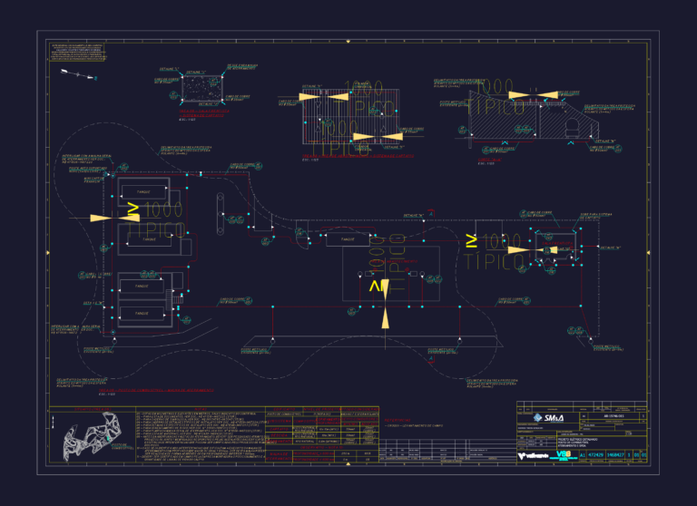 CAD layout plan of a fuel station grounding mesh and SPDA system for storage tanks and attendant booth.