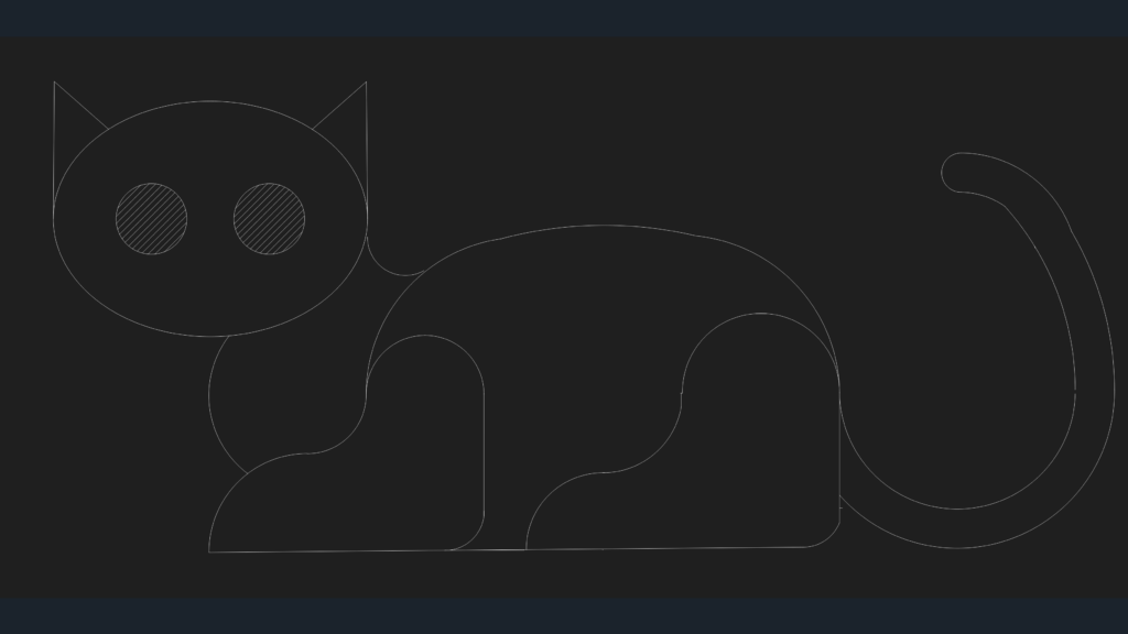 2D profile CAD drawing of a stylized sitting cat with geometric outlines and hatched circular eyes.