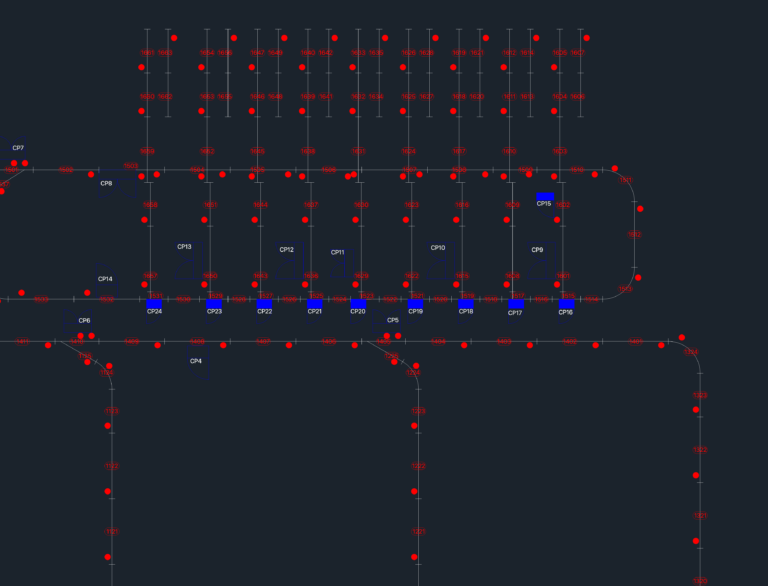 2D CAD plan showing an automated conveyor system with red sensor nodes and blue control point blocks.