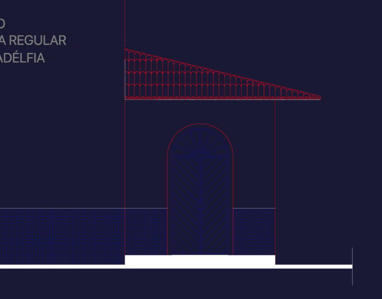 CAD elevation drawing of the Filadélfia Baptist Mission chapel showing an arched double door and pitched tile roof.