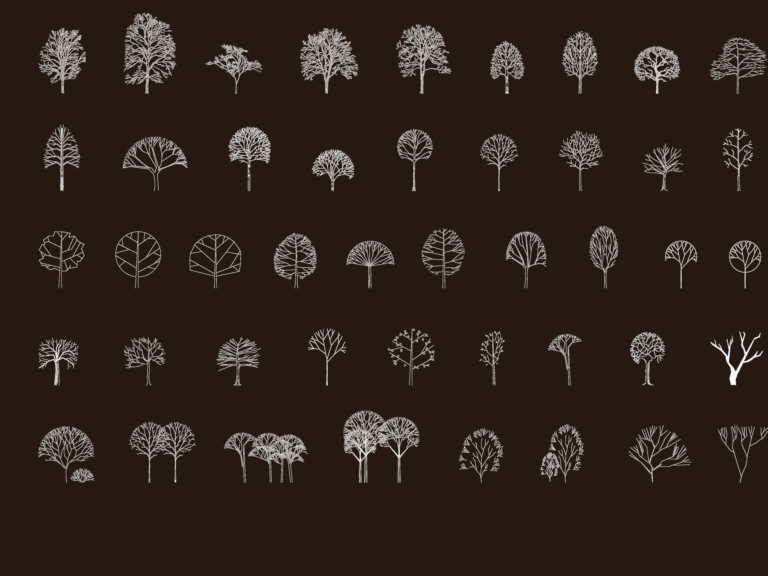 Collection of 2D CAD elevation drawings of various deciduous tree species and silhouettes for landscape architecture.