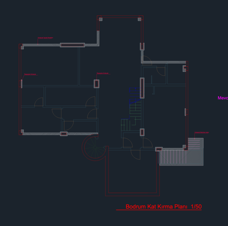 1/50 scale basement structural demolition plan with hatched areas for breaking concrete walls and stairs.