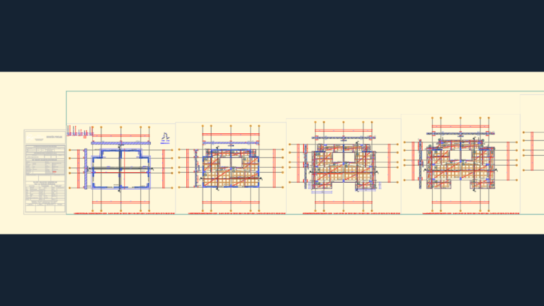 Structural CAD drawings showing basement foundation application and formwork plans with reinforcement details and grids.