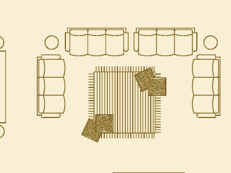 2D plan view of a seating area with multiple sofas surrounding a large textured rug and pillows.