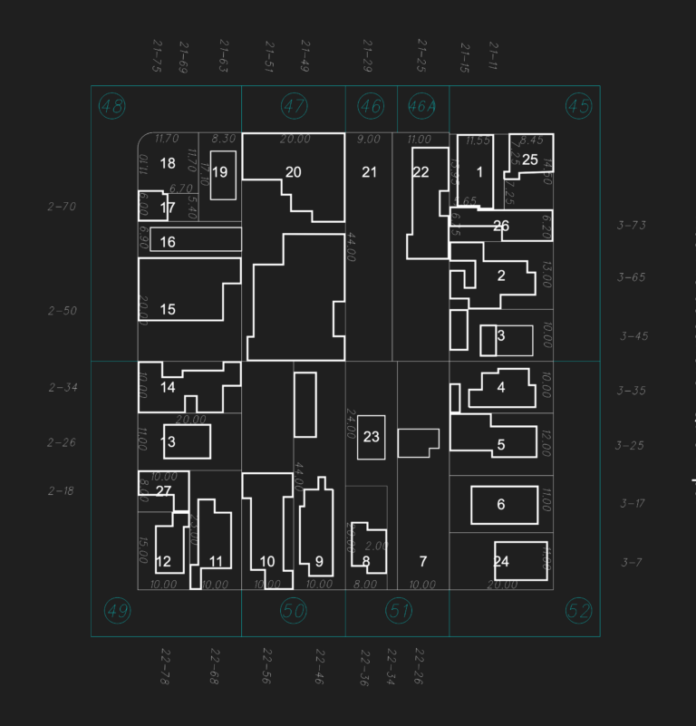 Cadastral map of Vila Cardia blocks showing numbered lots, building footprints, and boundary dimensions.