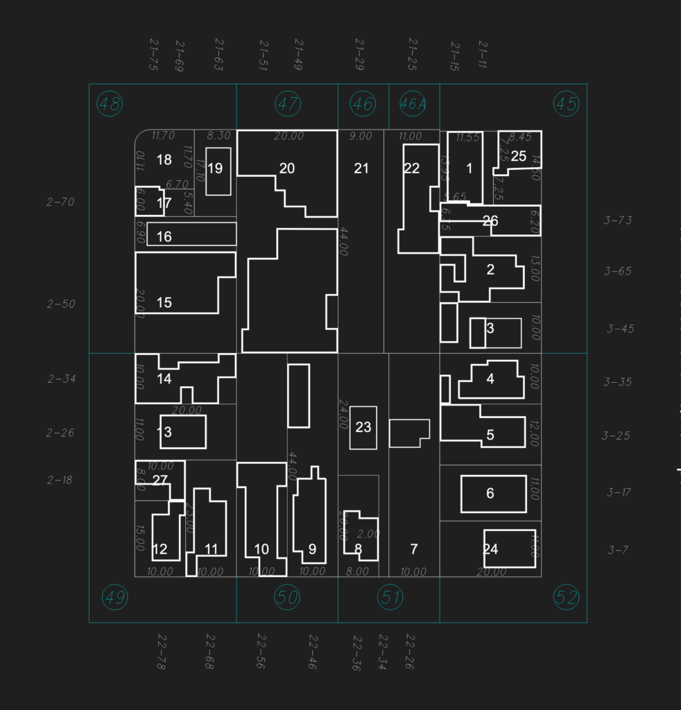 Cadastral map of Vila Cardia blocks showing numbered lots, building footprints, and boundary dimensions.