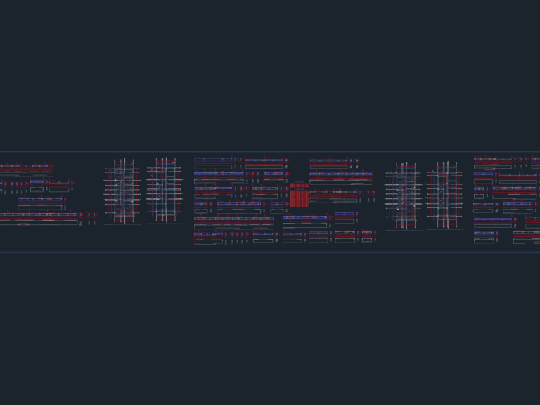 CAD layout featuring beam reinforcement tables, foundation plans, and structural concrete section details.