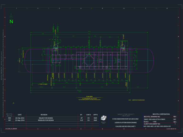 CAD plan view of a Gas Flare K.O. Drum showing industrial ladder and platform structural steel layout.