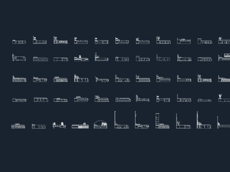 Grid of 56 CAD blocks showing side elevations of various bed frames, headboards, and styles for interior design.