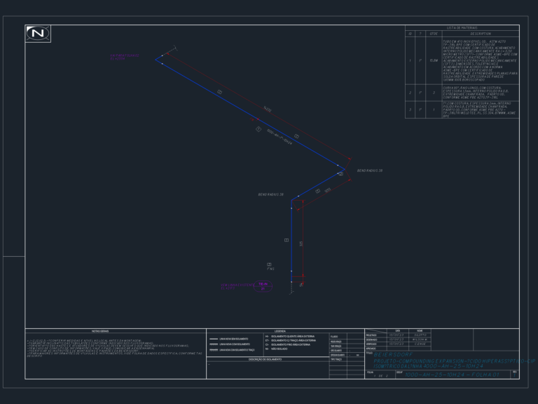 Isometric CAD drawing of 1 inch stainless steel CIP piping with bill of materials and bend radius callouts.
