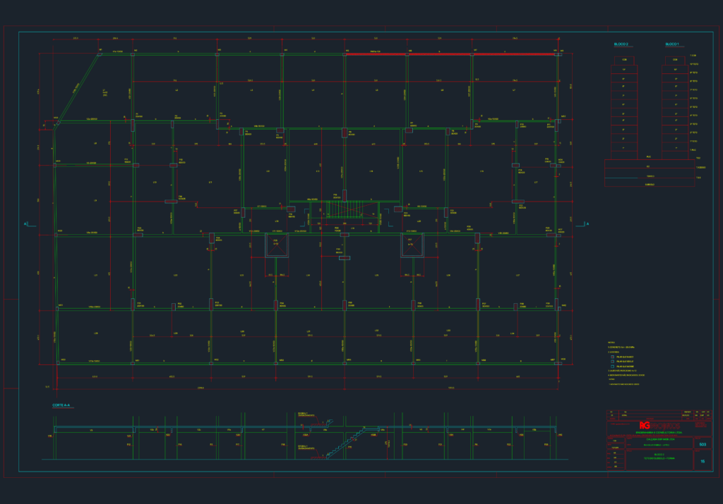 Basement ceiling formwork structural plan and cross-section showing column, beam, and slab layout.