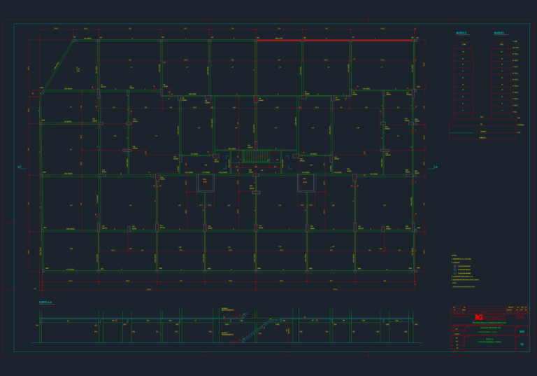Basement ceiling formwork structural plan and cross-section showing column, beam, and slab layout.