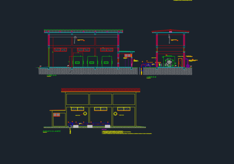 CAD sections and north elevation of a wastewater treatment blower house with acoustic cabins and piping layout.