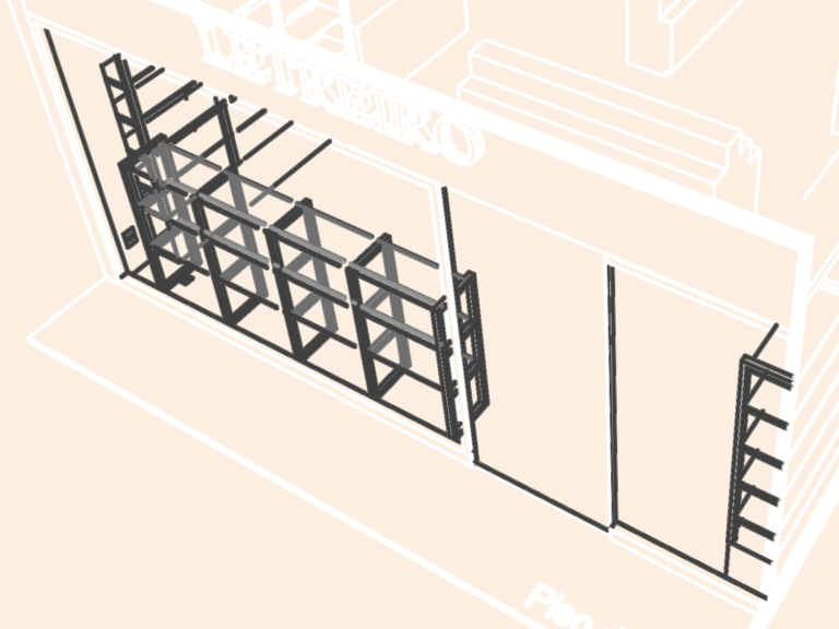 3D wireframe perspective of a boutique retail storefront showing glass entrance, signage area, and metal display racks.
