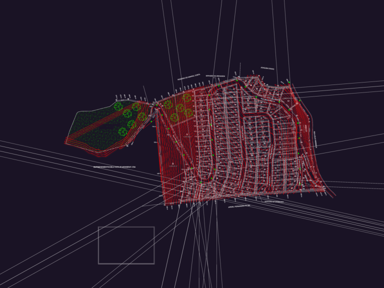 CAD plan of a Brazil urban land subdivision showing topographic contour lines, individual lot layouts, and street design.