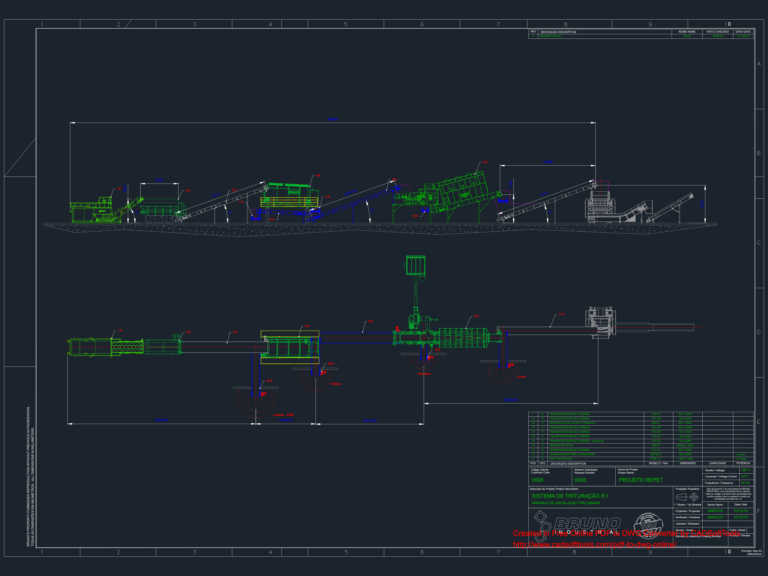 Plan and elevation views of a 70m industrial shredding system with conveyors, rotary screen, and pre-shredder components.