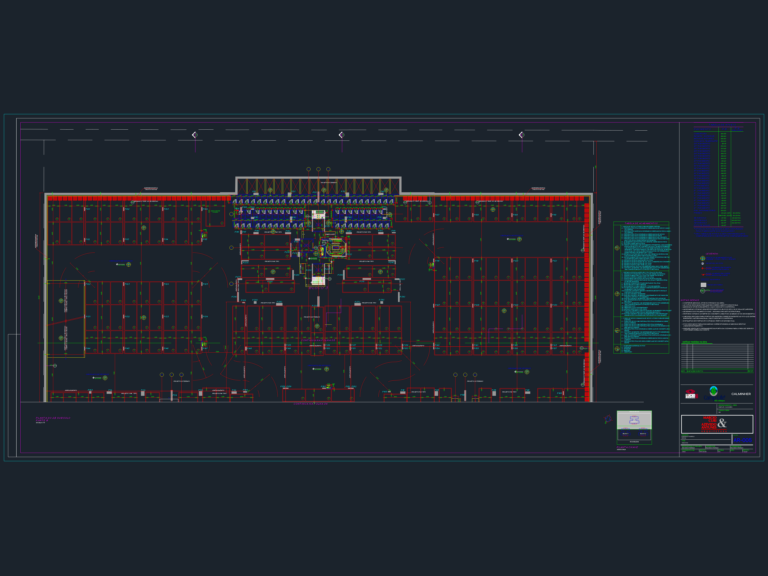 CAD floor plan of a second sub-basement parking level with stall layouts, structural pillars, and finishes tables.