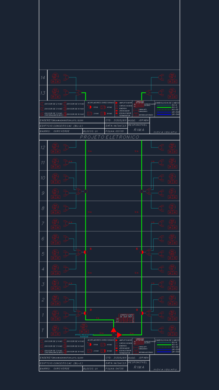CATV electronic riser diagram for a 14-story building showing amplifiers, splitters, and cabling schematics.