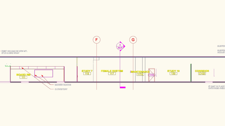 CAD section showing board room, restrooms, and study rooms with callouts for clerestory windows and column wraps.