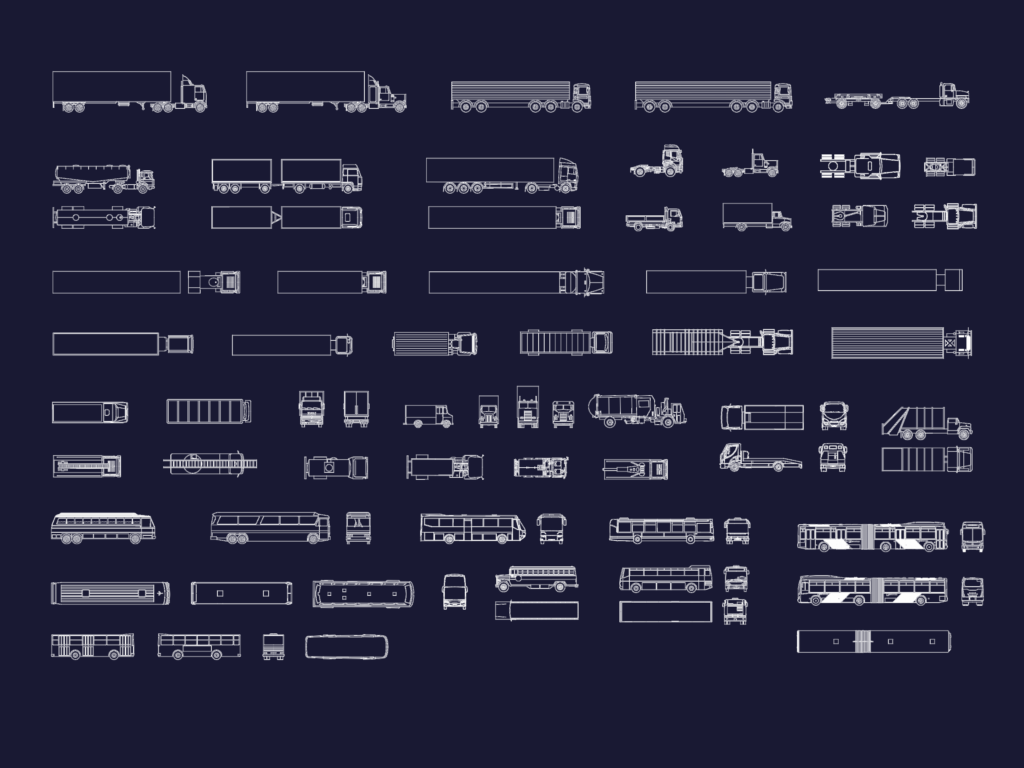 CAD drawings of various buses, lorries, and trucks in plan, side, front, and rear elevation views.