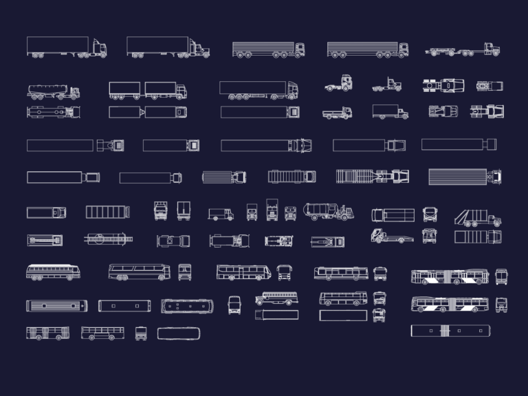 CAD drawings of various buses, lorries, and trucks in plan, side, front, and rear elevation views.