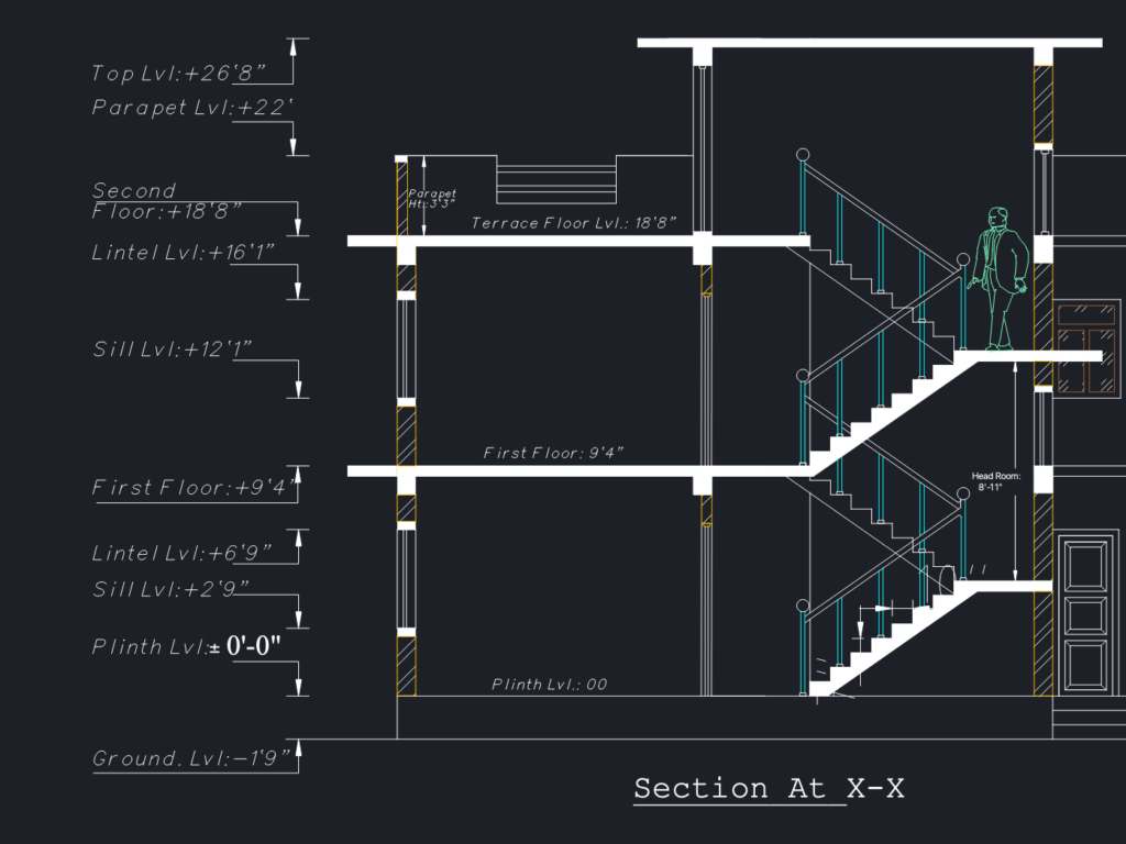 Architectural CAD sheet featuring floor plans, four elevations, building section, and site plan for a two-story home.