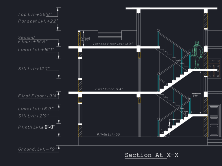 Architectural CAD sheet featuring floor plans, four elevations, building section, and site plan for a two-story home.