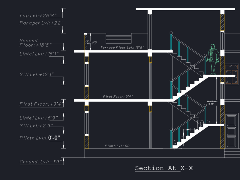 Two Story Residential House Plan with Elevations and Section