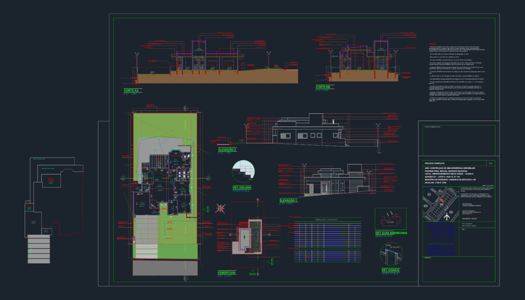 Architectural CAD drawing set for a single family house featuring floor plans, sections, elevations, and roof details.