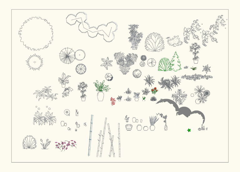 2D CAD drawings of trees, shrubs, bamboo, and potted plants in plan and side elevation views.
