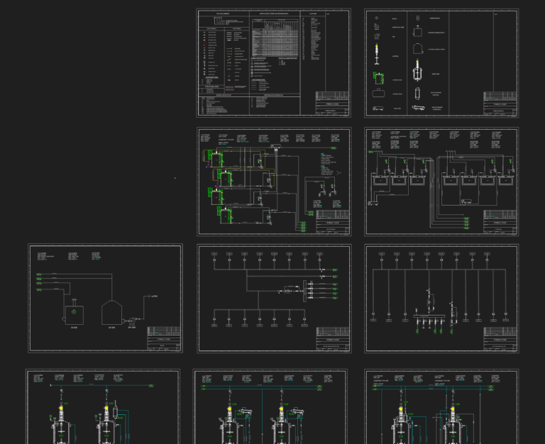 CAD sheets of chemical plant P&IDs showing agitation reactors, heat exchangers, legends, and industrial piping symbols.