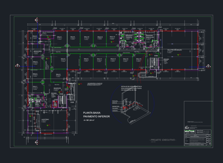Architectural ground floor plan of an office building showing an auditorium, reception, office rooms, and dimensions.