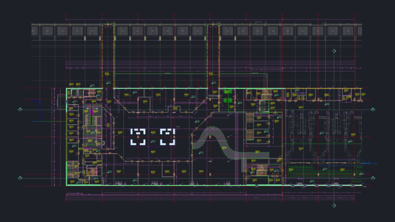 Architectural CAD floor plan of an airport terminal featuring security zones, retail shops, and circulation cores.