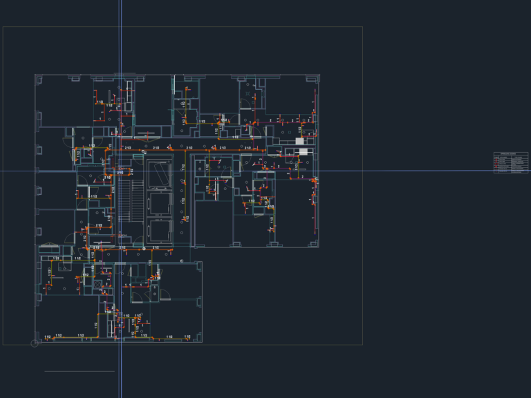 As-built CAD plan for a penthouse fire sprinkler system showing pipe sizes, sprinkler heads, and structural columns.
