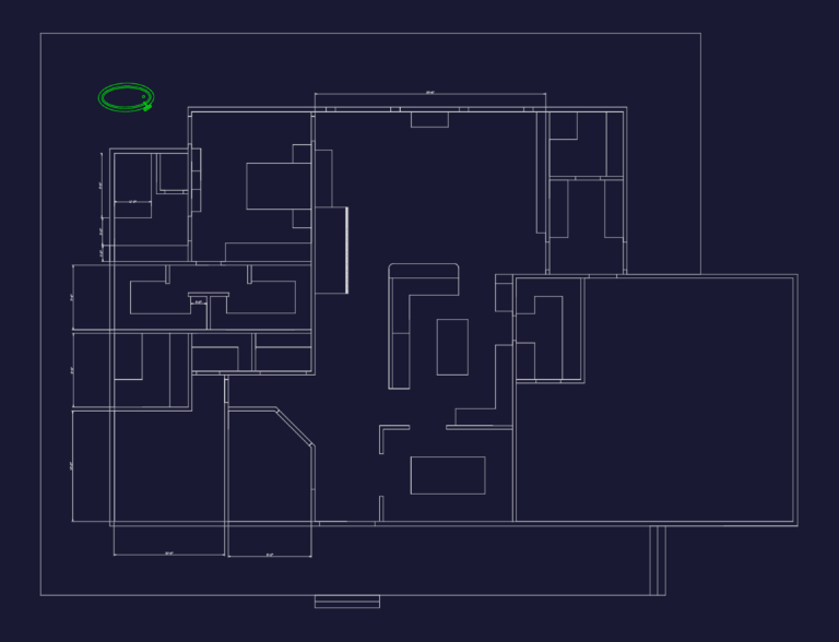 2D CAD floor plan of a residential house showing furniture layout, room partitions, and architectural dimensions.