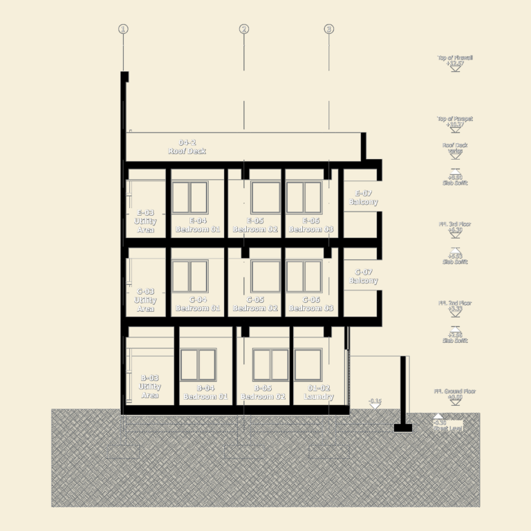 Architectural cross-section of a 3-story residential building showing floor levels, roof deck, and balcony details.
