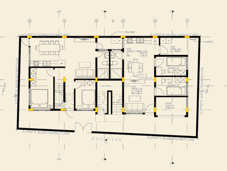 Ground floor architectural plan for a 2-bedroom residential unit including property line bearings and fire wall details.