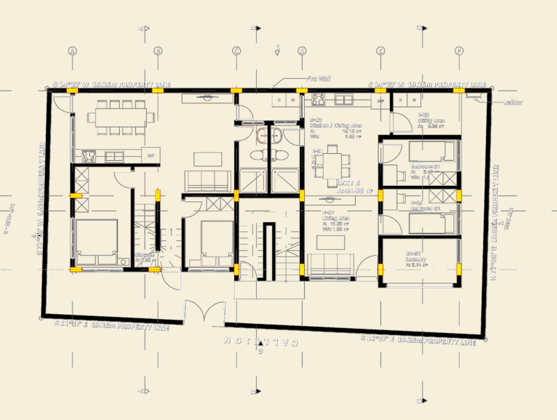 Ground floor residential plan for Unit B with property line bearings